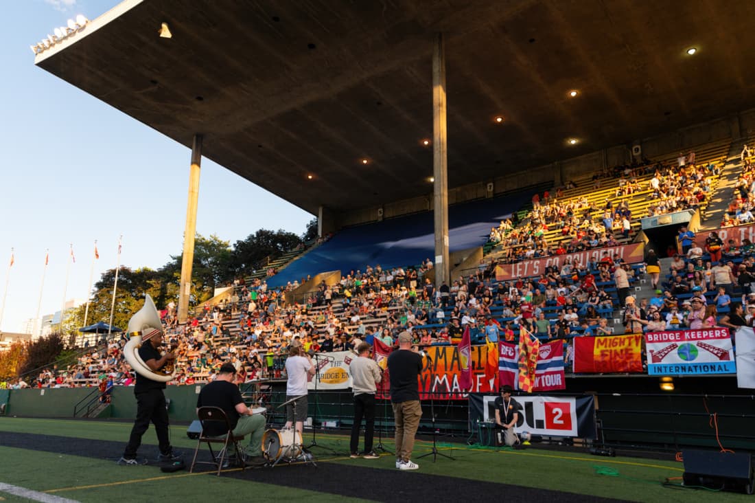 Blowout Brass Band playing in a stadium